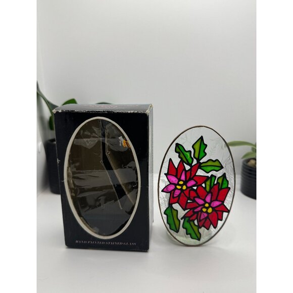 Stained Glass Poinsettia Oval Panel Candle Holder Decor On Textured Glass - Picture 9 of 10